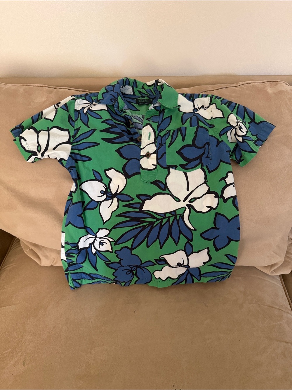 Mini Boden Green Collared Button Top with Blue & White Tropical Floral Print